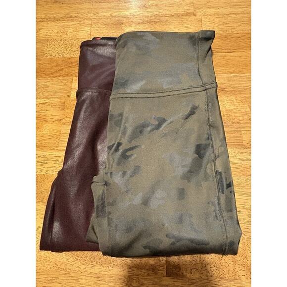 SPANX Bundle - 2 pair Small Leggings Faux Leather Red Wine and Army Green Camo - Picture 1 of 11